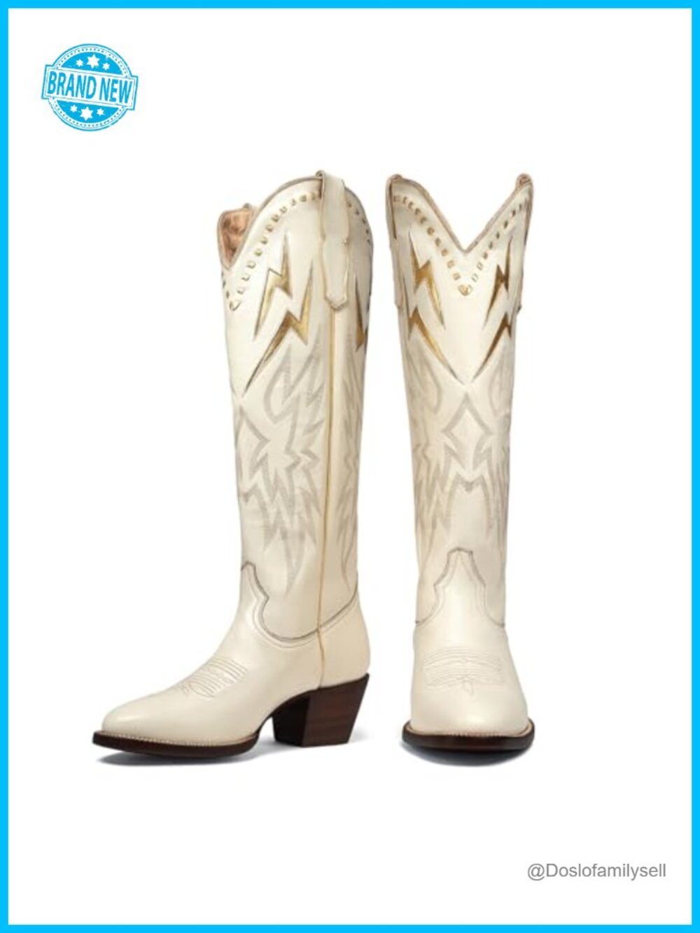 Knee High Cowboy Boots Pointed Toe Chunky Low Heel Pull On Western